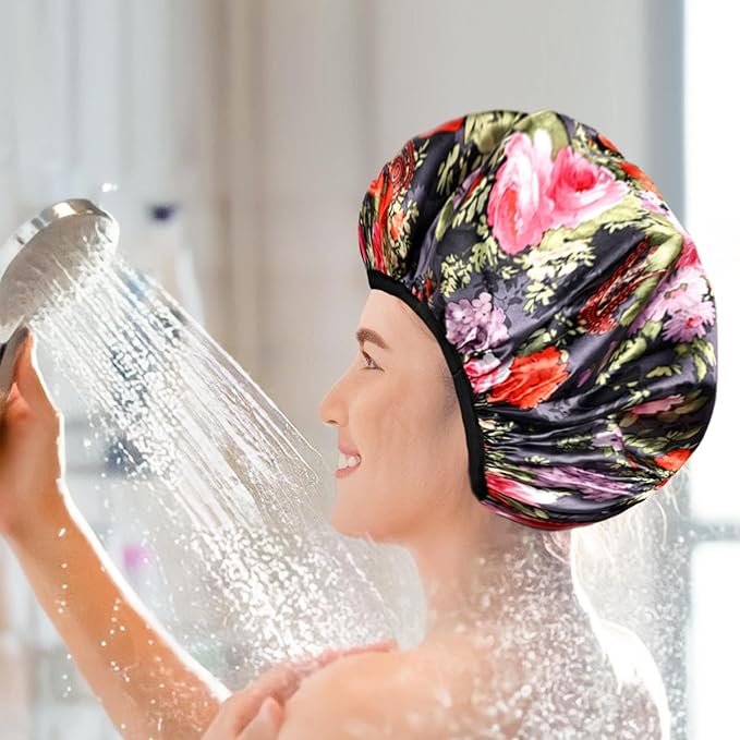 Shower Cap for Women, 2 PCS 3 Layers Terry Lined Shower Caps + 2 Satin Scrunchies, Waterproof Terry Cloth Bath Caps Elastic and Reusable Hair Cap for Shower - (Pink+Flower A)