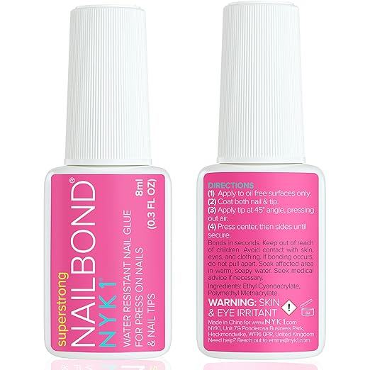 Super Strong Nail Glue for Press On Nails, Nail Tips & Acrylic Fake Nails (8ml) NYK1 NailBond Brush On Glue for Press Ons, Tips & Acrylics - Long Lasting, Maximum Strength, Mess-Free Application