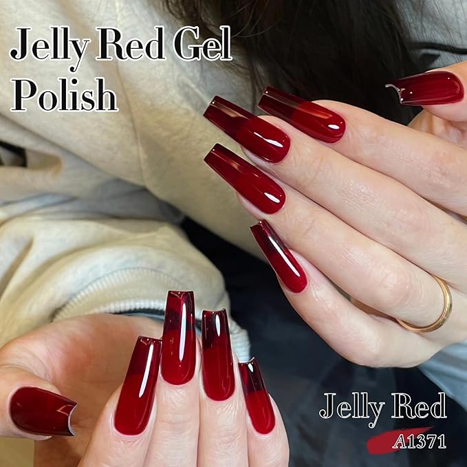 Double Rhythm 15 ML Dark Burgundy Gel Polish Pure Sheer Same Color Same Bottle Soak Off Gel Polish Art Manicure Salon DIY at Home for Women (Jelly Red-A1371)