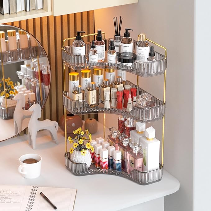 GTI 3-Tier Corner Bathroom Counter Organizer, Large Capacity Makeup Organizer Countertop, Perfume Cosmetics Skincare Vanity Organizers, Exquisite Countertop Storage for Women (Gray)