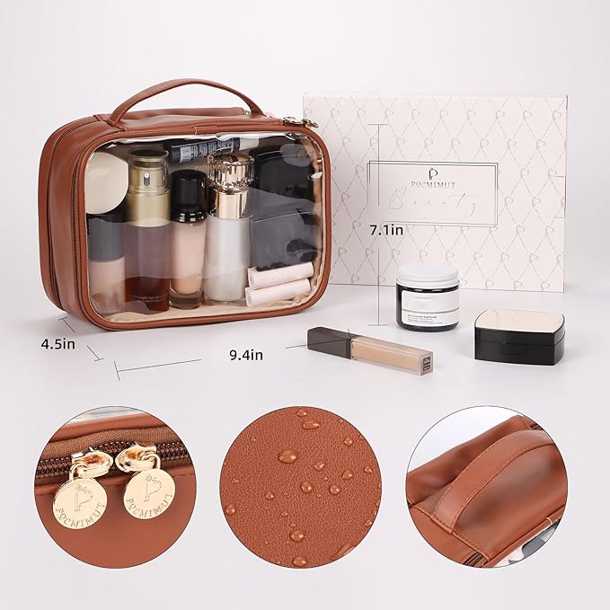 Pocmimut Makeup Case,Double Layer Large Cosmetic Bag with Makeup Brush Bag,TSA Approved Toiletry Bag Skincare Bag Car Accessories Travel Essentials Organizers for Women,Brown