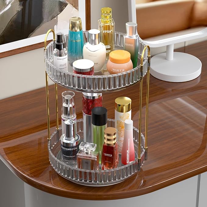 GTI 360°Rotating Makeup Organizer, 2 Tier Bathroom Counter Organizer,Large Capacity Perfume Cosmetics Skincare Vanity Organizers, Dresser Spinning Countertop Organizer and Storage for Women (Grey)
