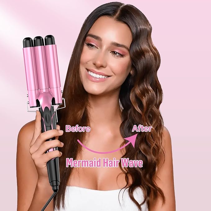 Waver Curling Iron Wand - BESTOPE PRO 5 in 1 Curling Wand Set with 3 Barrel Hair Crimper for Women, Fast Heating Crimper Wand Curler in All Hair Type, Women Gifts - Pink