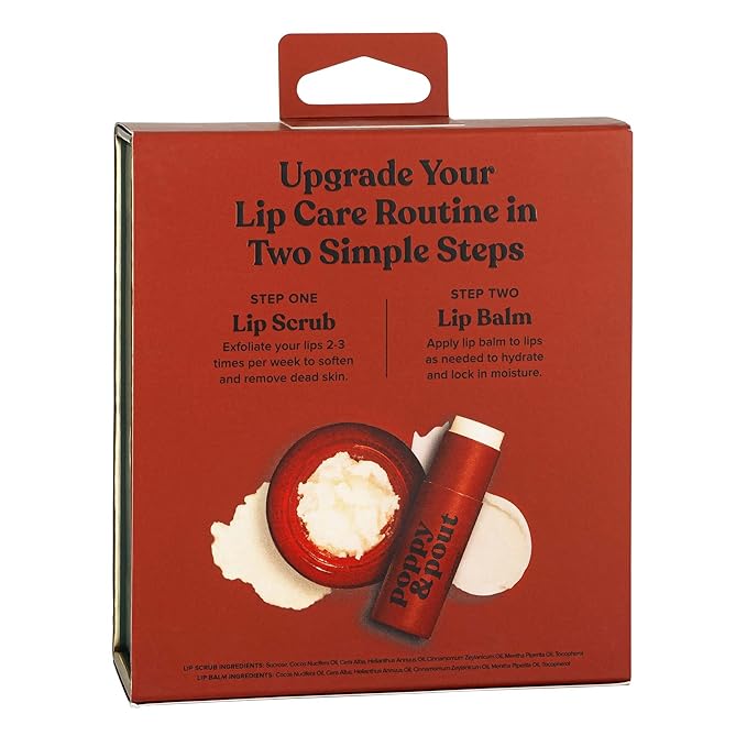 Poppy & Pout Lip Care Set | Lip Balm & Scrub | Sustainable Cardboard Tubes & Glass Jars, All Natural, Beeswax, Coconut Oil, Cruelty Free, Exfoliating & Moisturizing Lip Treatment (Cinnamint)