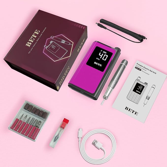 BETE Professional Nail Drill, 40000 RPM Cordless Electric Nail File Kit with 6 Bits, Rechargeable Efile for Acrylic Gel Nails Polishing, Manicure Tools for Salon Home Use, Rose Red