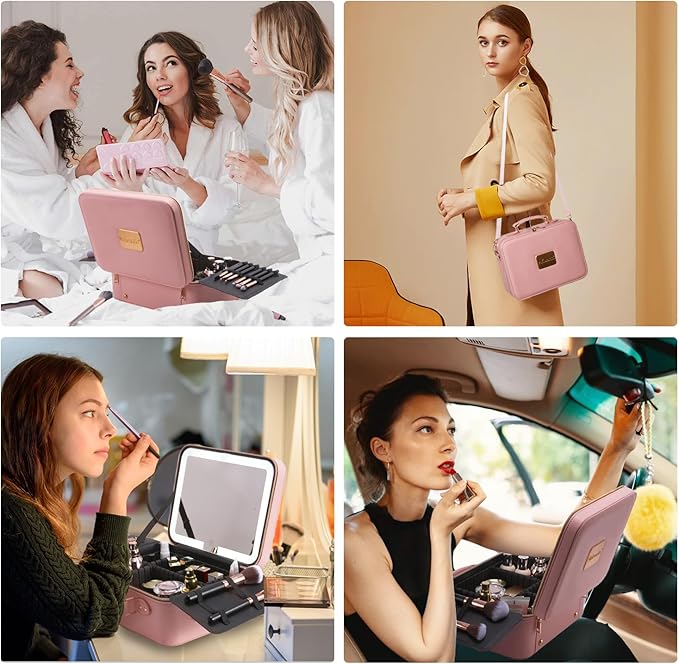 Mocado Travel Makeup Bag with LED Lighted Mirror,Makeup Case with 3 Color Lighted Setting and 10x Magnifying Mirror, Portable Storage and Adjustable Dividers (Pink with Hard Leather)