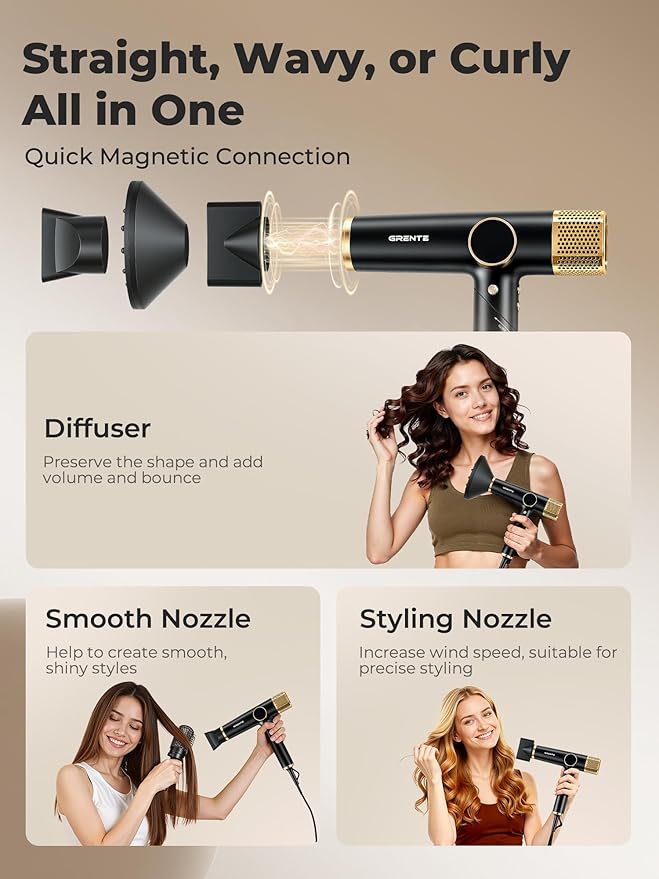 Portable Hair Dryer, 110,000 RPM Diffuser Hair Dryer, 400M Negative Ion, 6.5ft Cord, 4 Heat Settings & 3 Speed, Ionic Hairdryer with Concentrator Nozzle Diffuser for Curly Hair, for Women Men, Black