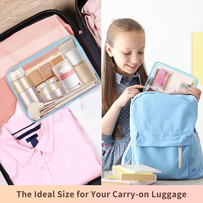 TISRATOK 12 PCS Clear Makeup Bag for Women with Zipper, TSA Approved Toiletry Pouch, Cosmetic Bag Bulk for Travel Organizer Essentials - Blue,Large