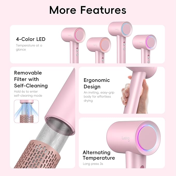 Hair Dryer, TurboLux Ionic 200 Million Negative Ions 1500W Fast Drying High Speed Hairdryer with Diffuser, Lightweight, Low Noise Hair Dryers for Women with 110000 RPM Brushless Motor (Pink)