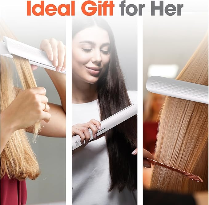 Quico Hair Straightener, 110-240V Global Travel Hair Straighteners for Women, 15s Fast Heating, Professional Negative Ion Flat Iron, Temp Memory, 320β-450β, Auto-Off, with Glove and Clips, Gift, White