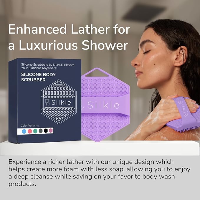 Silicone Body Scrubber - Exfoliating Bath Brush and Skin Cleanser - Shower Sponge for Gentle Body Scrub and Wash - Silicone Scrubbing Care Tool for a Refreshed and Renewed You - Purple