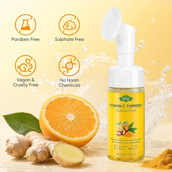 RYH 2pcs Turmeric Face Wash with Vitamin C, Deep Cleansing Face Wash Set, Glow Turmeric Facial Cleanser Foam, Vitamin C for Face, Gentle Facial Cleanser for Smoothing Skin 3.38 Fl.Oz/pc