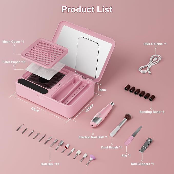 WOBSION Nail Dust Collector & Electric Cordless Nail Drill 2-in-1 Set, Portable Acrylic Gel Nail Removing and Polishing Manicure Tools for Beginners,Lightweight &Rechargeable,Ideal for Home