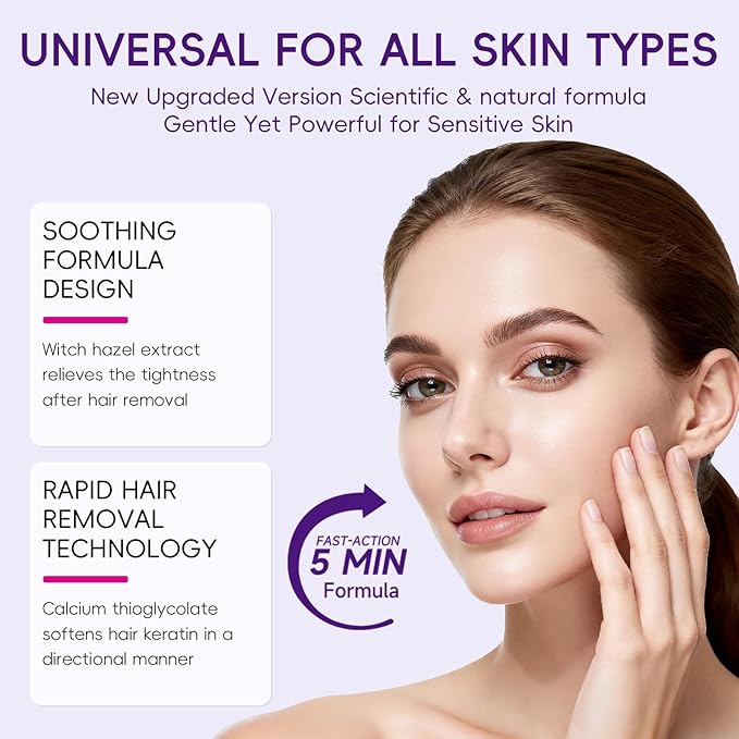 Facial Hair Removal Cream for Women – Depilatory & Post Care Soothing Cream, 5 Min Painless & Fast Face Hair Remover from Chin, Upper Lip, and Sideburns, Gentle Plant Formula for Sensitive Skin