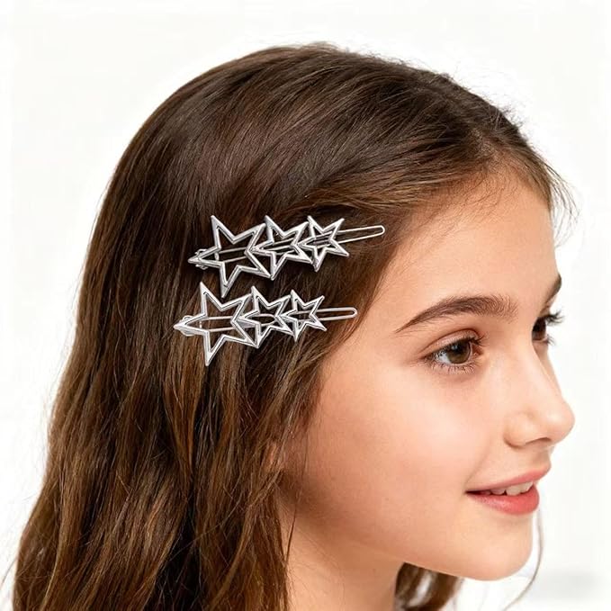 4Pcs Silver Hollow Star Hairpin Alloy Barrettes Hair Clips Hair Bangs Clip Hair Accessories For Woman Girls,Beauty and Personal Care