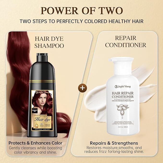 Hair Dye Shampoo 3-in-1 Vegan Color for Gray Hair - Ammonia-Free for Men & Women – Beard & Hair Coloring – Instant Gray Coverage Champú Para Canas Mujer & Hombre (BURGUNDY WINE RED)