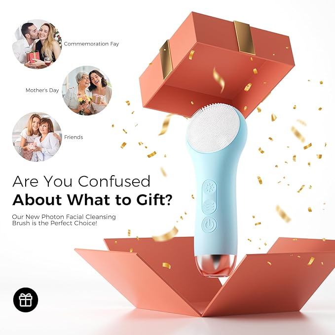 Facial Cleansing Brush Electric Face Scrubber - Rechargeable Face Cleansing Brush with 4 LED Gentle Light Silicone Heat and Vibration Exfoliator Massage Deep Cleansing,IPX7 Waterproof,Ideal Gift