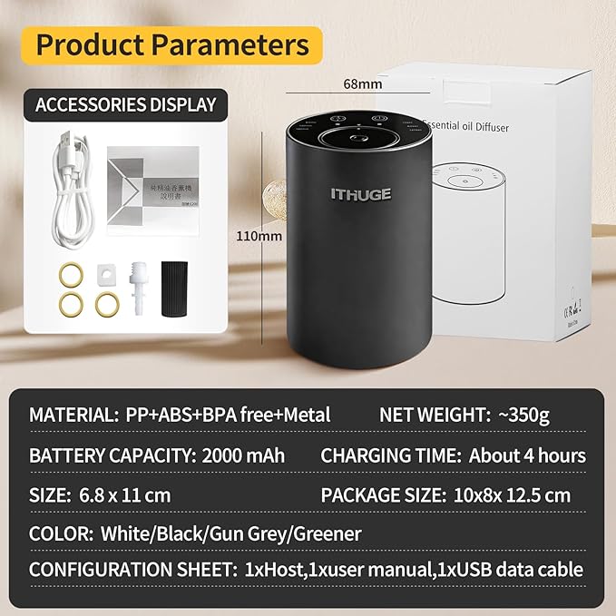 Waterless Essential Oil Diffuser, Portable Aromatherapy Diffuser with 20mL Empty Bottle, Battery Operated Mini Scent Diffuser,3 Mist Levels & Timers, Leak-Free, for Home, Car, Office(E200B)