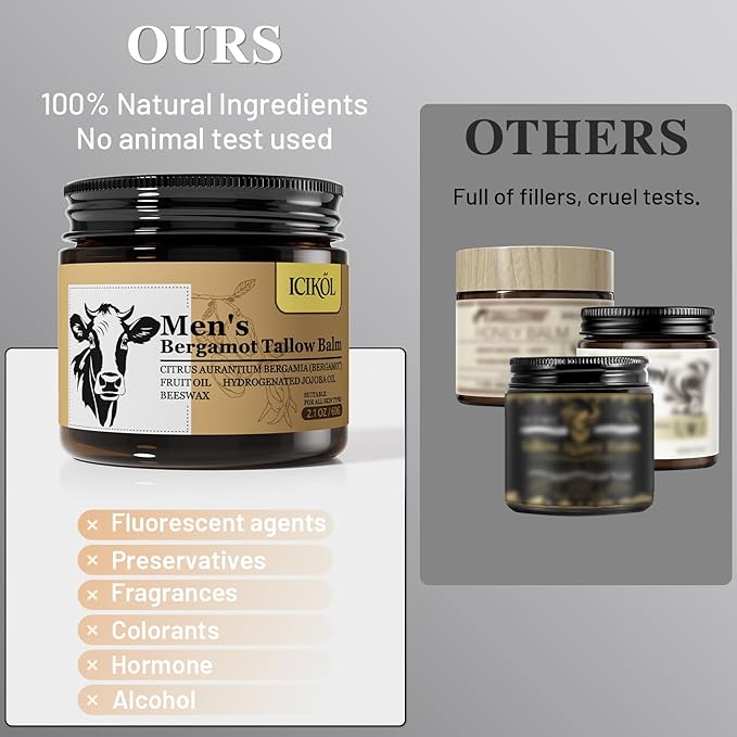 Organic Beef Tallow Honey Balm, Handmade Moisturizer Beef Tallow for Face, Grass Fed Beef Tallow for Dry Skin, Pure Natural Cream with Bergamot Scent,Designed for Men After Shave, 2.1oz