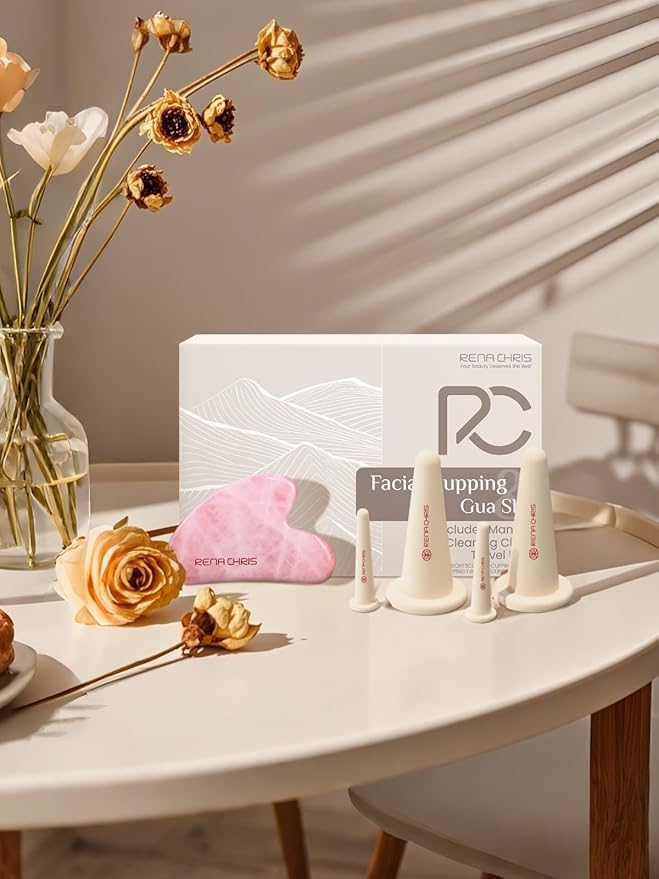 Rena Chris Facial Cupping Set & Gua Sha Facial Tool - Silicone Cupping Set & Rose Quartz Gua Sha Stone - Face Cupping Therapy Set for Natural Skin Care, Puffiness, Lip Plumping(Pink)
