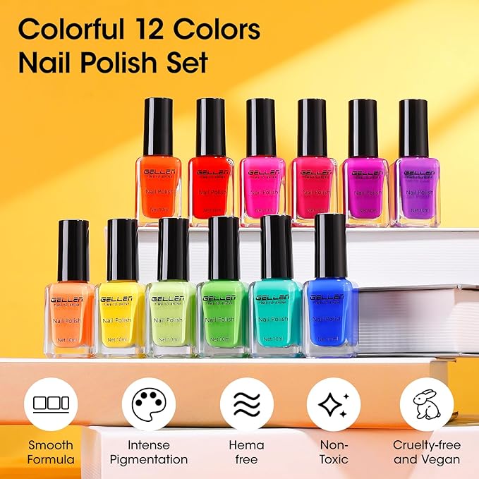 GELLEN Bright Neon Nail Polish Set, Quick Air Dry Regular Nail Polish Vibrant Rainbow 12 Colors Set for Fingernail Toe Nails Salon Home, Hema Free, Non-toxic, Red Pink Blue Green Purple Orange Yellow