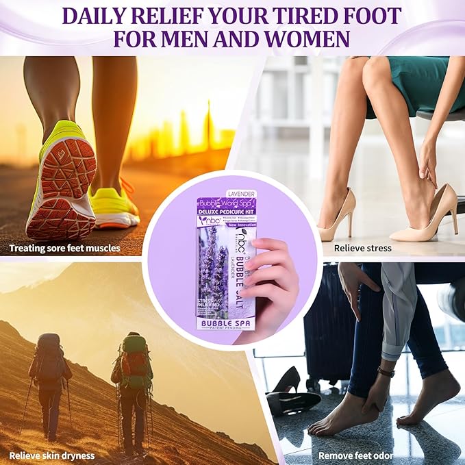 Pedicure Kit Foot Soak Set: Bubble Salt, Sugar Scrub, Massage Mask, Massage Lotion in a Box, 4 Step Foot Spa Kit for Dry Feet, Softens Calluses, Tired Feet๏ผ3 Set Lavender)