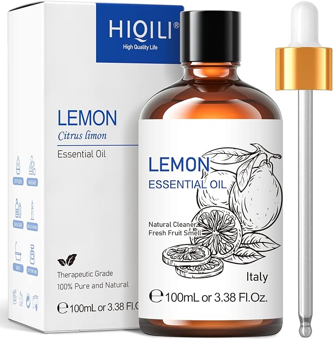 HIQILI Lemon Essential Oil, Household Cleaning, Air Purification, Skin Care, Can be Added to Cleansers, Sprays, Body Lotions Use - 3.38 Fl Oz/100ML