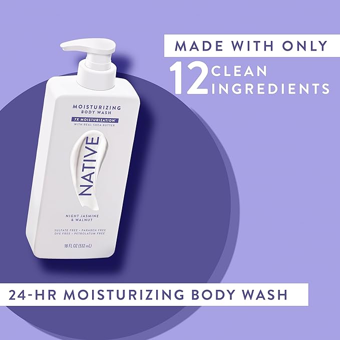 Native Moisturizing Body Wash Contains Naturally Derived Ingredients | For Women & Men, Sulfate, Paraben, & Dye Free Leaving Skin Soft and Hydrated | Night Jasmine & Walnut 18 oz