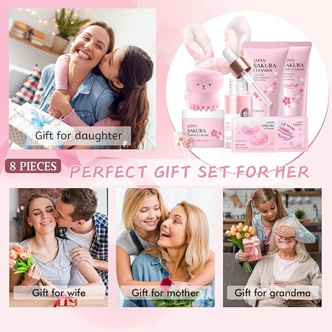 Sakura Skincare Set for Women Teen Girl Gifts - Skin Care Set Travel Size - Skincare for Girls 10-12 Hydrating - Birthday Gift Set face kit with Cleanser,Serum,Cream,Toner Up Cream,Eye & Lip Mask,8PCS