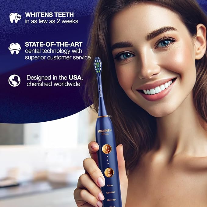 Wagner Stern WHITEN+ Edition. Whitening Electric Toothbrush with Pressure Sensor. Offers 5 Brushing Modes, 3 intensities, 8 Soft Brush Heads, and a Luxury Travel case.