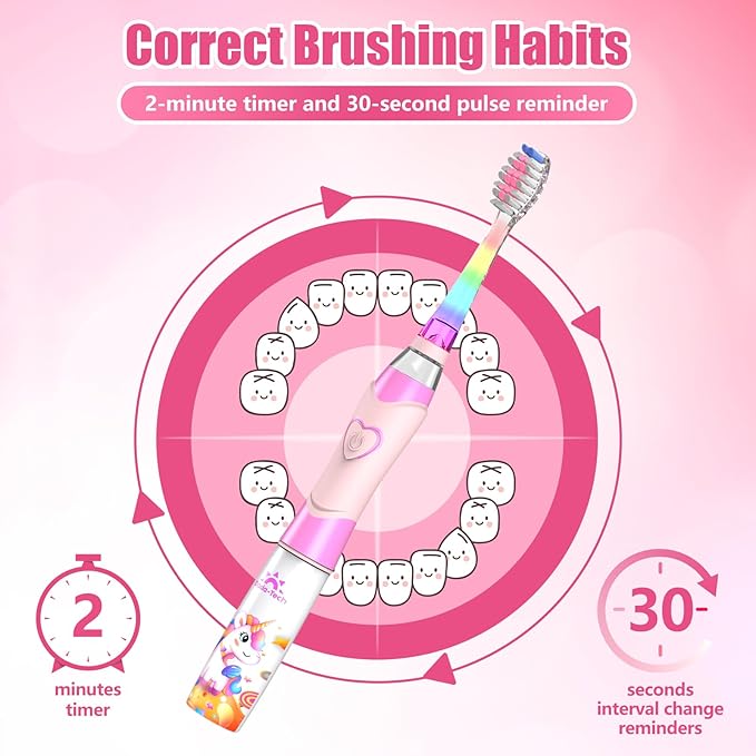 Kids Electric Toothbrush Toddler Toothbrush Age 2-4-8-12 Electric Toothbrush Kids with Timer Rainbow LED Light Up Vibrating Toothbrush Battery Operated Childrens Girls Sonic Tooth Brush (Pink Unicorn)