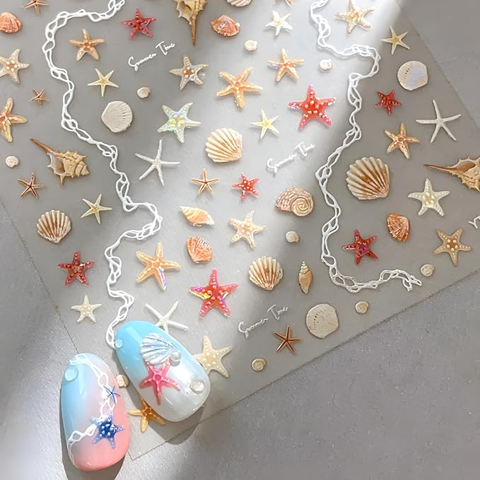 2 Sheets Starfish Nail Stickers for Nail Art 5D Embossed Ocean Nail Decals Summer Nail Stickers Colorful Nail Art Supplies Design Accessories for Women Acrylic Manicure DIY Decoration