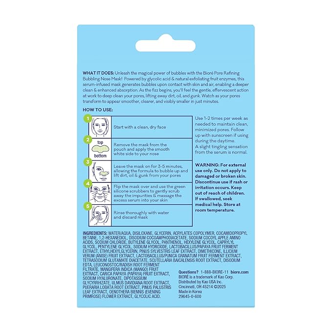 Bioré Pore Refining Bubbling Nose Mask, Glycolic Acid and Hyaluronic Acid Exfoliant for Face, Pore Cleansing Mask, 8 Ct