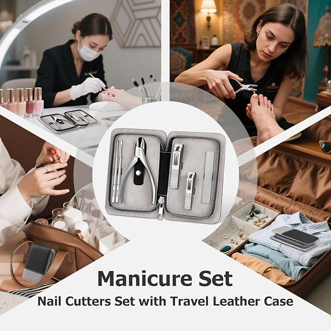 Manicure Set, Nail Cutters Set with Travel Leather Case, Professional Manicure Tools for Thick Nail & Ingrown Nail, Nail Cutters for Men and Women, Silver
