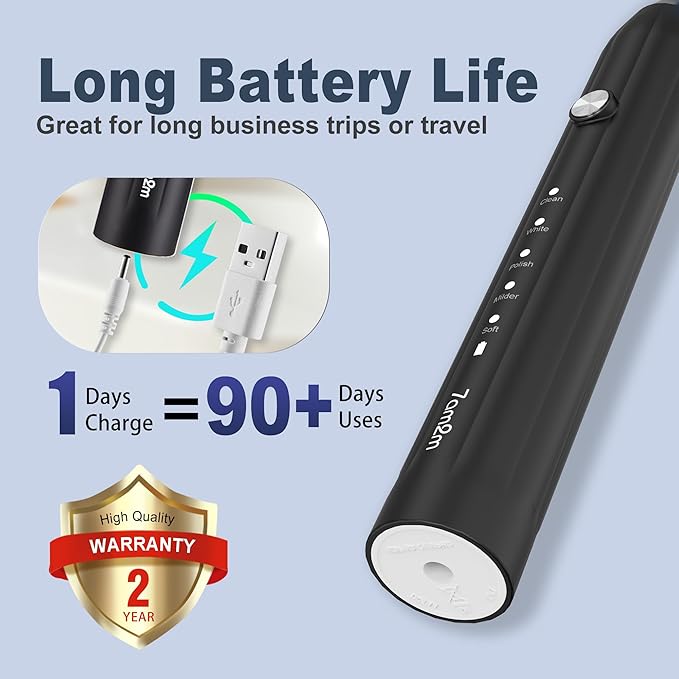 7AM2M Sonic Electric Toothbrush for Adults and Kids, with 8 Brush Heads and Travel Case,5 Modes with 2 Minutes Built in Smart Timer, One Charge Use for 90 Days, Rechargeable Toothbrushes(Black)