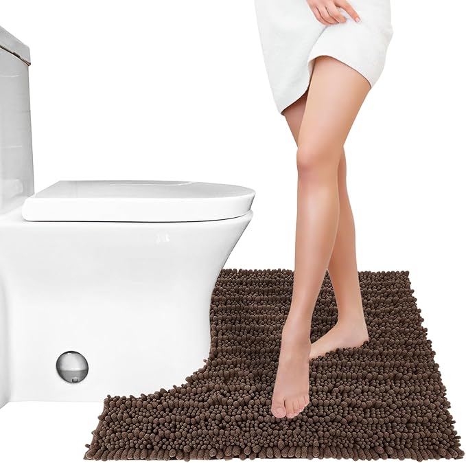 Yimobra Toilet Rug U Shaped Washable 24x20 Inch - Ultra Soft Absorbent Chenille Bath Rugs for Toilet, Quick Dry & Machine Washable, Non Slip Contour Bathroom Mat, Brown