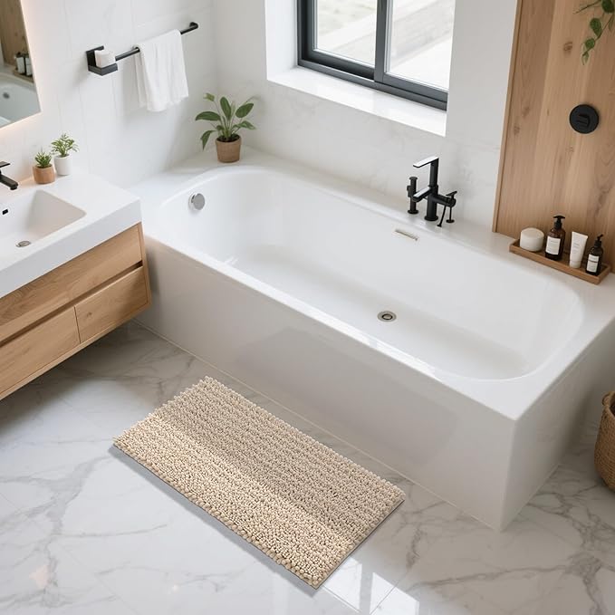 Yimobra Long Bathroom Rugs Non Slip Washable 44x24 Inch - Ultra Soft Absorbent Polyester Bath Mat, Quick Dry Shaggy Floor Carpet for Tub Shower, Light Brown Home Decor Accessories