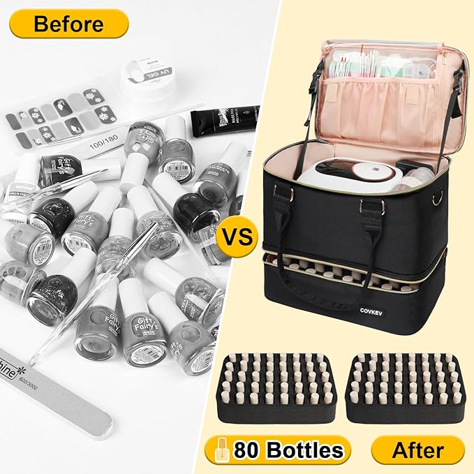 Nail Polish Organizer Hold 80 Bottles (15ml/0.5 fl.oz)& Nail Lamp, Double Layer Nail Bag Organizer Case with Handle, Large Nail Supplies& Kit Storage Case for Women Travel (Black& Golden)