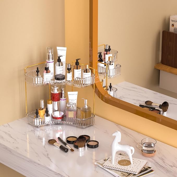 GTI 2 Tier Bathroom Counter Organizer, Multi-Function Corner Bathroom Organizer Countertop,Makeup Organizer Perfume for Dresser Vanity Tray, Spice Rack Organizer for Kitchen (Clear)