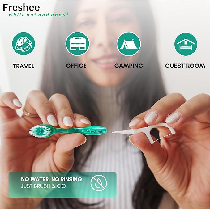 Freshee Bead -5 in 1 Disposable Mini Toothbrush with Refreshing Bead + Floss + Pick + Tongue Scraper | Travel Size | Individually Wrapped | Soft | Light Mint | Travel Set