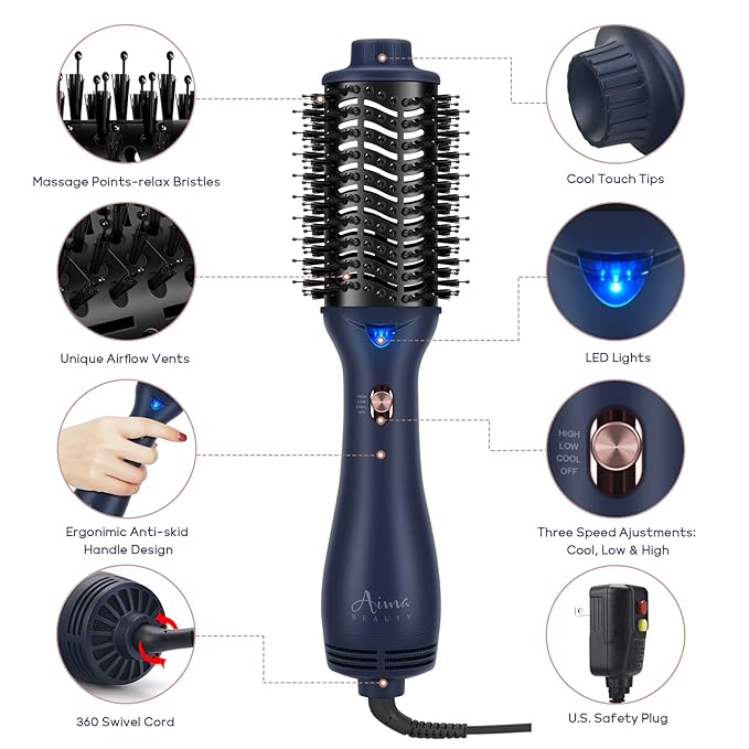 One Step Hair Dryer & Volumizing Brush, Aima Beauty Hair Styling Tool - Ceramic Straightener, Curler, Hot Air Styler & Ionic Salon Brush, Prussian Blue