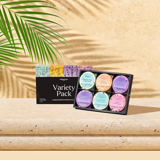Miracle Made Variety Pack Aromatherapy Shower Steamers – Essential Oil Shower Bombs for Relaxation, Nasal Relief & Daily Self-Care – 6 Shower Melt Tablets with Dried Flowers