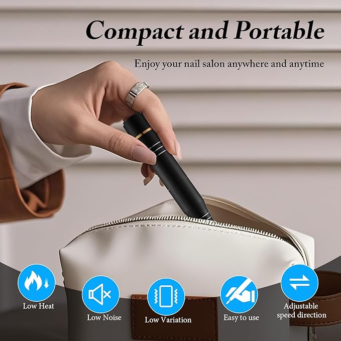 Electric Nail Drill, Ultra-Quiet Low Vibration Electric Nail File, Portable Electric Nail File for Crystal Gel Nails, Manicure and Pedicure Tools Polishing Set for Home and Salon Use (Black Set)