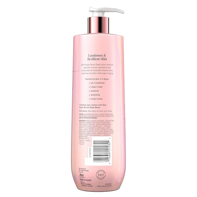 Olay Super Serum Hand & Body Lotion for Dry Skin, 24hr Long Lasting Hydration, 5+ Ingredient Serum Complex for Bright Even Firm Luminous Skin, Sweet Vanilla & Soft Wood Scent, 18.5 fl oz