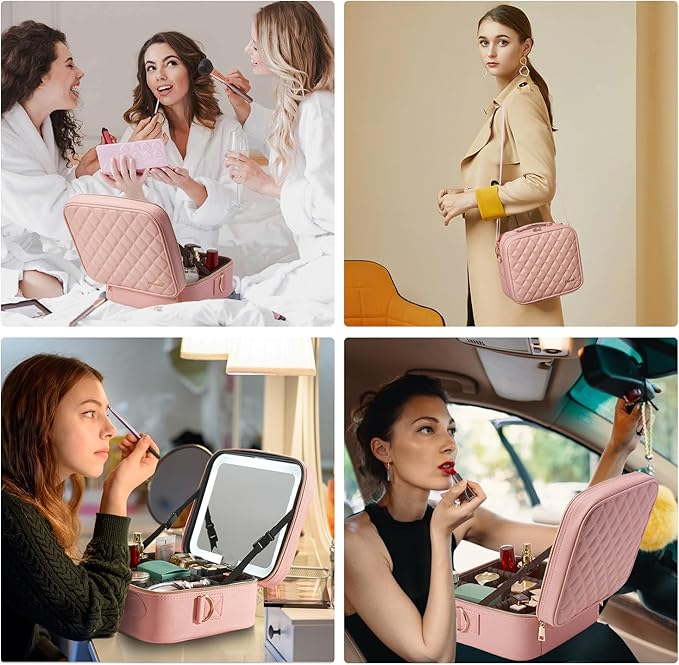 Mocado Travel Makeup Bag with LED Lighted Mirror, Travel Makeup Organizer, Makeup Case with 8 Makeup Brushes and 10x Magnifying Mirror, 3 Color Lighting, Adjustable Divider Makeup Box(Pink Lozenge)