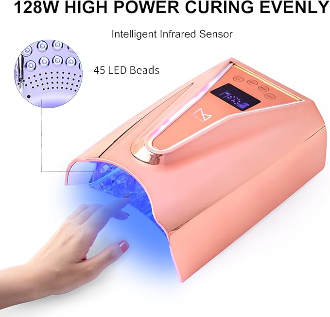 M - Crystal Cure 128W UV Nail Lamp - Fast Curing Nail Light with 45 Powerful 365nm+405nm LEDs - Cordless, Rechargeable, Auto Sensor - UV Light for Gel Nails for Manicures & Pedicures (White)