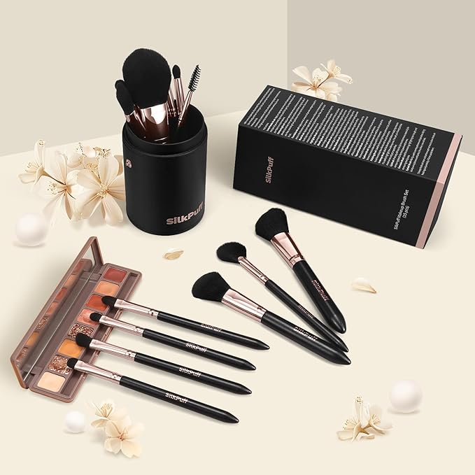 Silkpuff Makeup Brushes Set 15 Pcs Professional, Travel Makeup Brushes With Brush Case, Pearlescent Wood Handle, Premium Cruelty-Free Synthetic Fiber Hair, Foundation Concealer Eye Shadow Blush(Black)