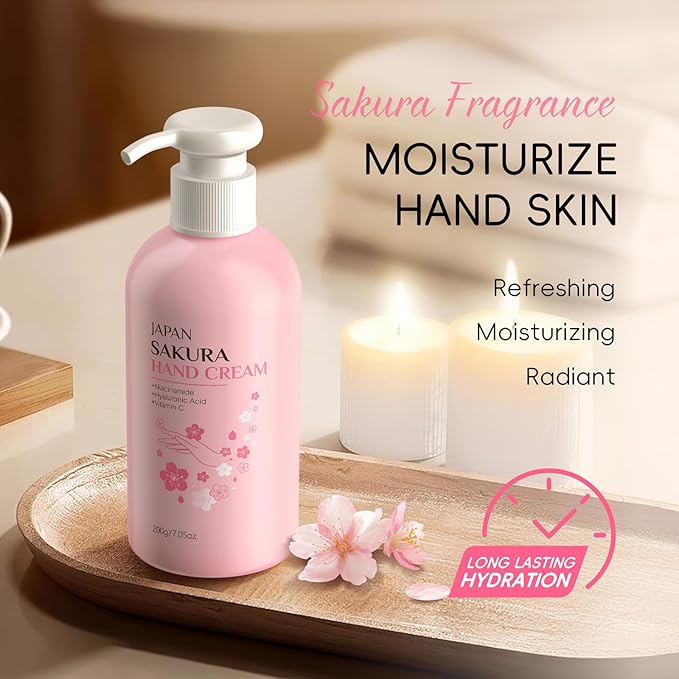Hand Cream for Dry Cracked Hands - Sakura Moisturizing Hands Lotion for Women Teengirls Holiday Gifts - Instant Hydration Long Lasting Hand Moisturizer for All Skin Non-Greasy, 7.05 Oz / 200g
