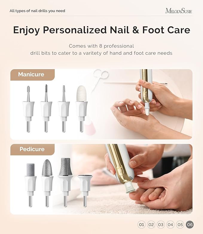 MelodySusie Cordless Pedicure & Manicure Nail Drill Kit, PC760G for Salon-Quality Foot Care for Home & Travel, Rechargeable with 5 Speeds, 8-in-1 Bits, 360° LED Light & Anti-Dust Shield, White