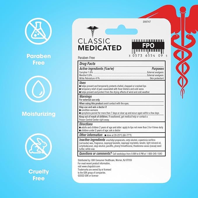 ChapStick Classic Medicated Lip Balm 3-Pack – External Analgesic, Skin Protectant for Dry Lips & Cold Sore Pain Relief, 0.15 Oz Ea